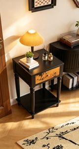 Mesa Auxiliar Moderna de Madera Negra con Cajón Floral y Estante Inferior para Sala de Estar o Dormitorio - Product Image 2