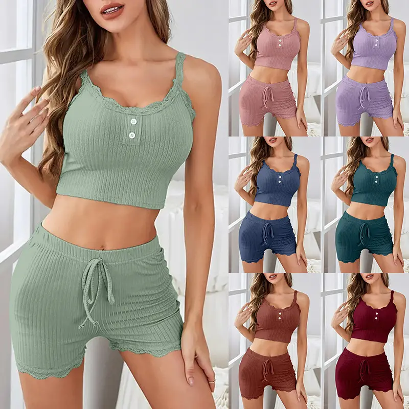 Pijamas informales 2024, pantalones cortos con tirantes de encaje para mujer, conjunto de ropa de casa Sexy Hot Girl Fast Fashion n para mujer