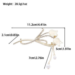 Pince <span class=keywords><strong>à</strong></span> cheveux chinoise en strass motif fleur de tulipe, avec chaîne <span class=keywords><strong>à</strong></span> pampilles en perles et pierre œil de chat, pour femmes - Product Image 3