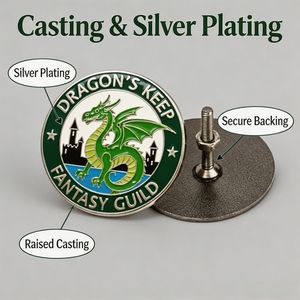 Pièce de jeu de table de collection personnalisée en émail dur plaqué argent, avec <span class=keywords><strong>dragon</strong></span> ailé vert UV et motif de <span class=keywords><strong>la</strong></span> Forteresse <span class=keywords><strong>du</strong></span> Château, thème fantastique, à visser - Product Image 3