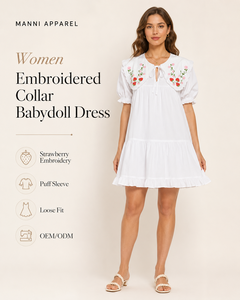 Fabrication <span class=keywords><strong>de</strong></span> vêtements OEM, robe blanche personnalisée, robe courte à volants et manches bouffantes brodée pour femmes - Product Image 1