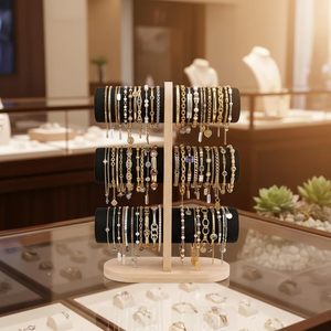 Nouveau Présentoir à 3 Niveaux en Bambou et Velours Noir/Cuir Anti-Poussière pour Bracelets, Montres, Épingles à Cheveux, Cordons et Bijoux - Product Image 3