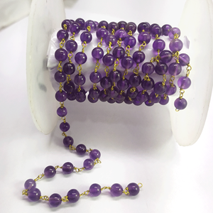 Natural Amethyst Smooth Round Balls Beads Brass Wire Wrapped Handmade Blue <b>Rosary</b> Chain by Johariz - Product Image 5
