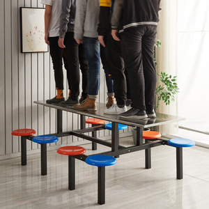 Mesa y Sillas de Acero Inoxidable para Cafetería Escolar, Juego Integrado de Comida Rápida para 4, 6 u 8 Personas, para Adultos - Product Image 1