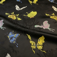3-Weft Shu Brocade, Pola Bunga Kupu-Kupu Menari, Hitam, Lebar 140cm, 100% Sutra Mulberry Kelas 6A