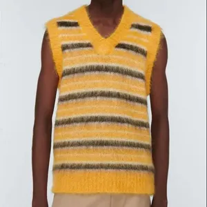 High Quality Yellow Mohair Sweater Vest Pullover Sleeveless Knitted Thick Top Winter Fuzzy Striped Mohair Sweater Vest Men