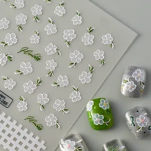 Cổ điển Holographic Nail Art Watermark Sticker đề can 5D cứu trợ hoa trắng thiết kế móng tay Đề can dán
