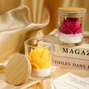Lotus Flower Shaped Scented Candle In Glass Jar Bamboo Lid Home Atmosphere Decor Ornament Festival Souvenir Gift - Product Image 1