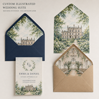 Invitation de mariage illustrée sur mesure en aquarelle, carte de mariage avec croquis du lieu et doublure d'enveloppe imprimée assortie