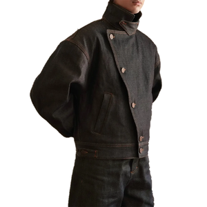 OEM Custom Wholesale Vintage <b>Black</b> Denim <b>Jacket</b> Mens High Collar Trucker <b>Jacket</b> Workwear Style Casual <b>Jean</b> Outerwear - Product Image 1