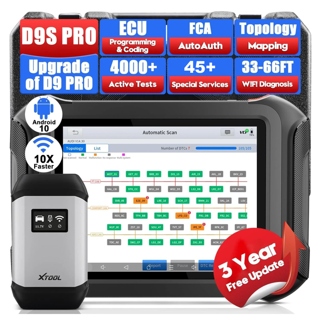 XTOOL D9S PRO EU Version WIFI Diagnostic Tool,Topology Map,ECU Programming Automotive Scanner,VAG Guided,45+Reset FCA/CANFD/DOIP