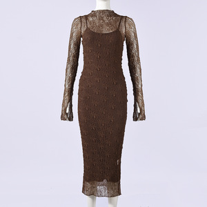 ชุดเดรสลูกไม้ซ้อนทับ 2 ชิ้นสำหรับผู้หญิง ชุดเดรสเนื้อผ้ามีเท็กซ์เจอร์พร้อมเสื้อแขนยาวผ้าซีทรู แฟชั่น - Product Image 5