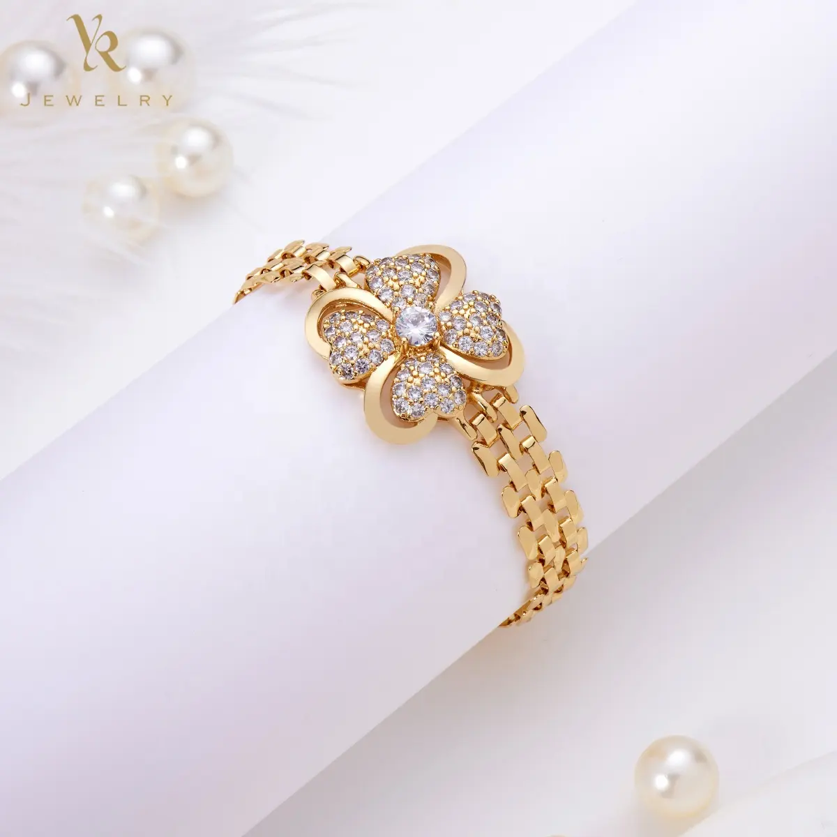 FB0216 роскошный Клевер модные ювелирные изделия Pulseras Oro ламинированный Кристалл бриллиант Муассанит позолоченный браслет для женщин