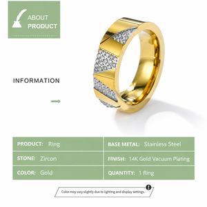Wide Stainless <b>Steel</b> Zircon <b>Ring</b> with Diagonal Pavé Panels and 14K Gold Vacuum Plating - Product Image 2