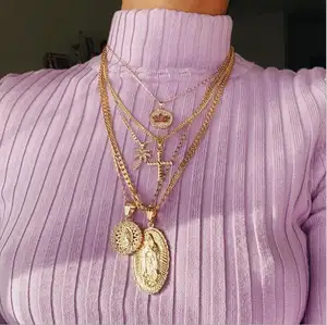 Women Bohemian Retro Coin Cross Rose Queen Head Pendant Gold Chain Personality Multilayers Necklace Set Fashion Party Gifts