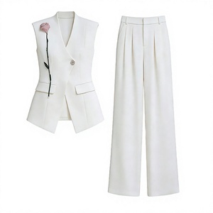 Conjunto de Blazer Corto sin Mangas Blanco para Mujer, Pantalones Anchos, Traje Formal de Dos Piezas, Cuello en V, Color Sólido, Otoño, Corte Ajustado - Product Image 2