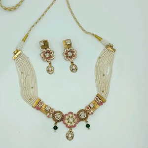 Traditional Gold Tone <b>Choker</b> Necklace Set with Pink Floral Stones Pearl Strands and Matching Drop Earrings Bridal Jewelry - Product Image 2