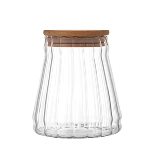 Barattoli di Vetro Conici Striati in Borosilicato con Coperchio in Metallo e Anello di Trazione in Bambù, Stile Moderno, Contenitori Sigillati per Tè e Granaglie - Product Image 3