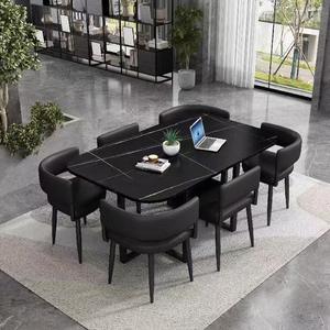 Table à manger ronde en marbre gris veiné, style luxe léger, <span class=keywords><strong>moderne</strong></span>, coins arrondis, anti-collision, usage commercial, durable, 6 chaises - Product Image 3