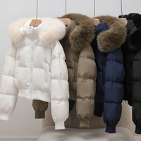Manteau d'hiver court coupe-vent pour femme avec col en fourrure de renard amovible, rembourré à 90 % de duvet de canard blanc, fermetures éclair