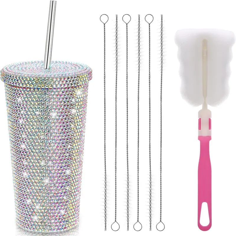 Individuelle 16oz Luxus Kristall Oberflächen Becher Bling Strass Edelstahl Wassertasse Diamant-Kaffeebecher mit Deckel und Strohhalm