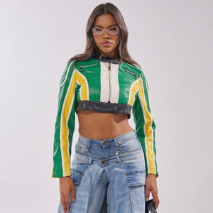 Women's Double Face PU Leather Moto Jacket Color Blocked Green Yellow <b>White</b> Full <b>Sleeve</b> Zipper Front Turn-down Collar <b>Crop</b> <b>Top</b> - Product Image 1