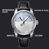 Relojes personalizados con logotipo, caja redonda de acero inoxidable de 42 mm, correa de cuero, hora retrograda, elegante reloj de lujo para hombre.