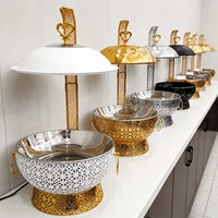 Plat à réchaud de luxe en acier inoxydable doré avec dentelle, 8L, couvercle suspendu, chauffage à l'alcool, pour buffet, avec cadre en fer léger, pour hôtels et restaurants