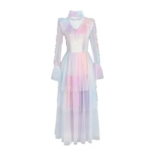 2020 New Design Elegant Style Iridescent Light Weight Women Long Sleeve Maxi Long Sleeves Silk Dress