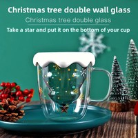 Tasse à café en verre borosilicaté double paroi créative de 300ml avec poignée Arbre de Noël en verre étoile souhait pour cadeau de Noël en gros