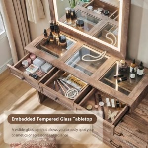 Coiffeuse de maquillage de ferme moderne avec miroir et lumière réglable Comptoir en verre encastré pour chambre à coucher - Product Image 6