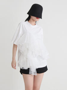 Haut Streetwear d'été pour femmes nouveau t-<span class=keywords><strong>shirt</strong></span> à manches courtes <span class=keywords><strong>de</strong></span> couleur unie avec patchwork polyvalent à volants bord maille coupe ample - Product Image 3