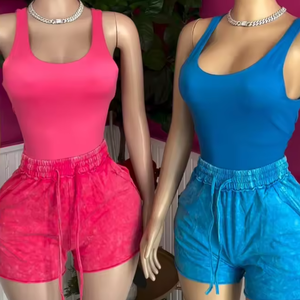 Viviblook เซต Z611ST09ฤดูร้อนสำหรับผู้หญิงเสื้อกล้าม Y2k กางเกงขาสั้นเสื้อครอปท็อปกางเกงขาสั้นกีฬาฟิตเนสสตรีทจับคู่กับชุดเสื้อผ้าไซส์พิเศษ - Product Image 1