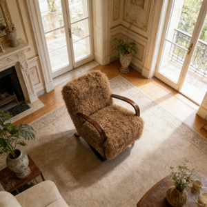 Fauteuil de salon moderne nordique en bois de hêtre, revêtement en fausse fourrure de laine d'agneau tibétaine marron, canapé paresseux pour salon - Product Image 6