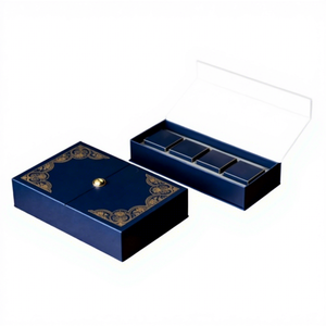 Boîte cadeau rigide bleue de luxe avec design en feuille d'or, fermeture magnétique, double porte, emballage en carton rectangulaire pour cadeaux haut de gamme - Product Image 2