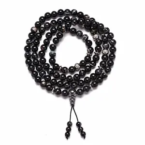 108pcs 8mm Beads Multi Layers Bohemian Healing Energy Meditation Natural Stone Bead Black Banded Agate Bracelet Necklace Jewelry