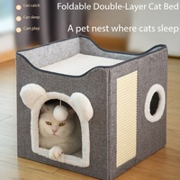 Maison pour chat pliable carrée moderne avec griffoir à boule moelleuse et lit couvert - Abri portable pour animaux de compagnie d'intérieur