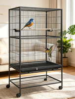 Cage d'aviation pour perroquets noire, robuste et simple, avec roulettes, étagère de rangement, perchoirs en plastique multiples, pour l'élevage de plusieurs oiseaux en intérieur, finition laquée