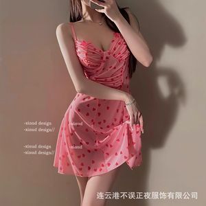 Lingerie de nuit : Robe nuisette couleur pêche, chemise de nuit pour petites poitrines, uniforme sexy, ensemble ajouré en forme de cœur pour femme - Product Image 3