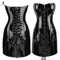 2022 Modisches Damen Übergrößen-Korsettkleid mit 7 Reihen Hakenleisten und Nieten, Langes Sexy Gotisches Unsichtbares Korsettkleid aus PU-Leder
