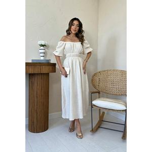 Vestido de Lino Beige con Hombros Descubiertos, Cintura Elástica, Corte Holgado, Transpirable, Ropa Casual - Product Image 5