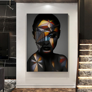 Venta al por mayor de mujer negra africana maquillaje geométrico lienzo carteles impresiones figura retrato <span class=keywords><strong>cuadros</strong></span> artísticos de pared para sala de estar - Product Image 4