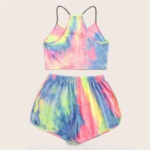 Ensemble 2 pièces sexy pour femme : hauts et shorts imprimés tie-dye avec lettres, sans manches, pour l'été, style pyjama - Product Image 2