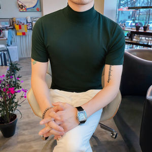 เสื้อยืดแขนสั้นผู้ชายแฟชั่นลำลอง คอเต่าครึ่งตัว สีพื้น ทรงปกติ ผ้าเจอร์ซีย์ น้ำหนัก 200 กรัม ป้องกันขนร่วง - Product Image 3