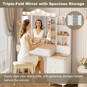 Modern Solid Oak Wood <b>Vanity</b> Desk with Removable Lighted <b>Mirror</b> 2 USB Power Strips 3-Drawer Storage Set for Bedroom - Product Image 4