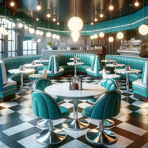 طقم أثاث مطعم retro أمريكي من الخمسينات أريكة نصف دائرية طاولة خشبية منحنية مع كراسي للمطعم