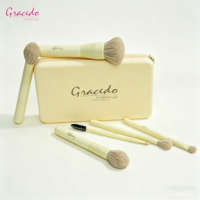 Set Kuas Kosmetik Profesional 5 Pcs Rambut Sintetis dengan Gagang Kayu (Kuning Krim) Kuas Kipas & Kotak Perjalanan untuk Merek OEM/ODM