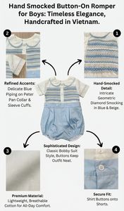Combinaison smockée classique pour bébé garçon, tenue d'été, combinaison bleue à manches courtes avec smocks faits à la main, vêtements pour bébés de boutique - Product Image 5