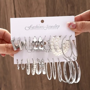 Parures de bijoux fantaisie pour femmes, boucles d'oreilles créoles géométriques en alliage plaqué argent avec perles d'imitation, style hyperbole pour soirée - Product Image 5