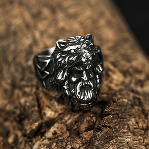 yunnique Men's Stainless Steel Animal <b>Head</b> Ring Nordic Viking <b>Style</b> Geometric Design Gift Jewelry - Product Image 2